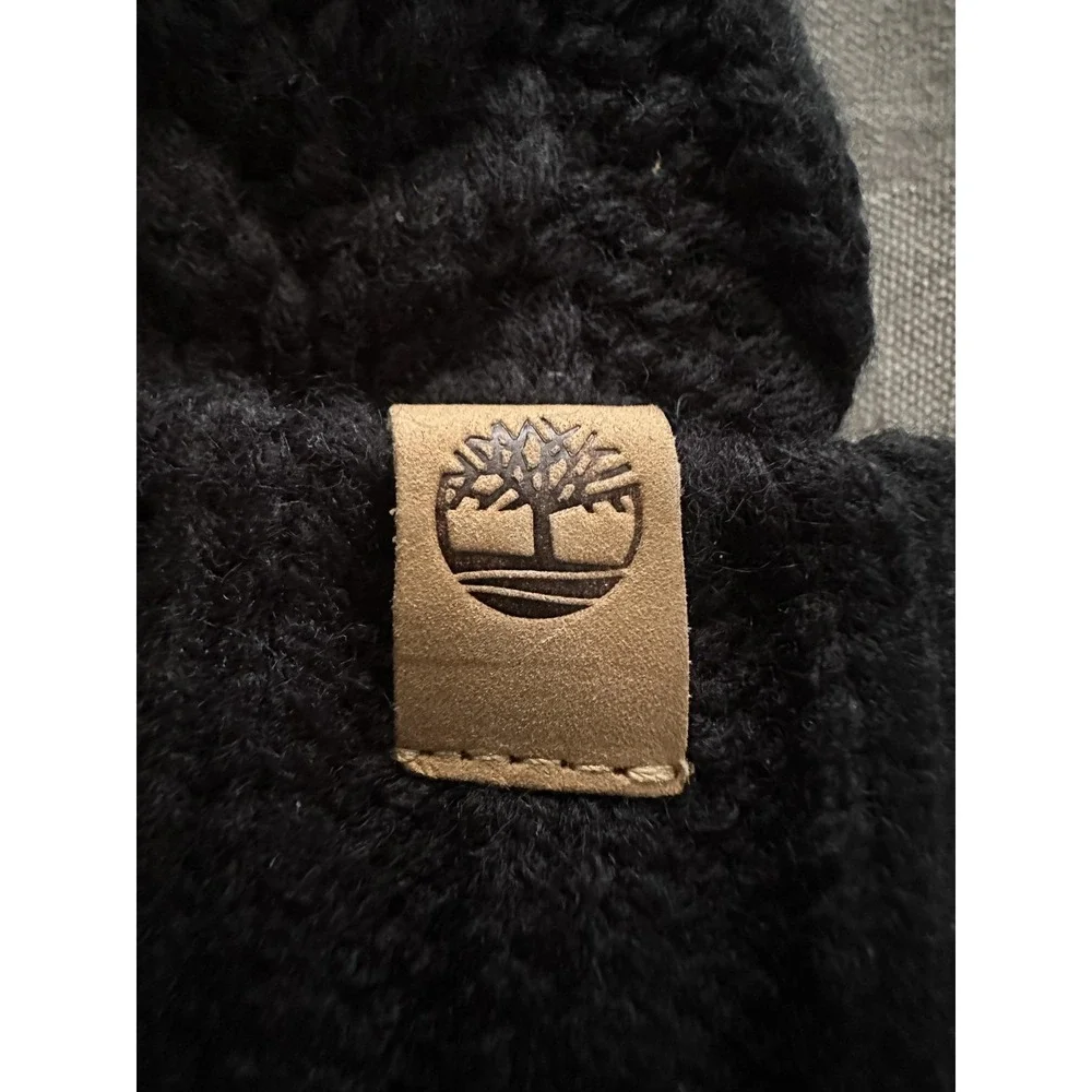 Timberland Hat Beanie Womens One‎ Size Black Cable Knit Pom Pom Sherpa Lined
